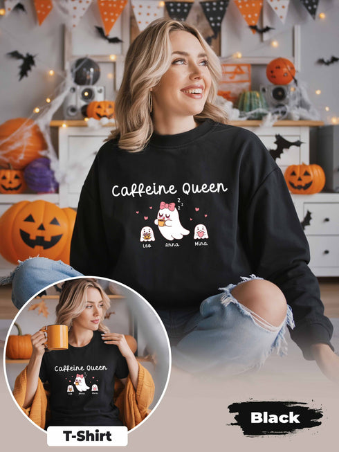 Caffeine Queen Mom Shirt or Sweater – Funny Coffee Mom Life – Custom Name & Year
